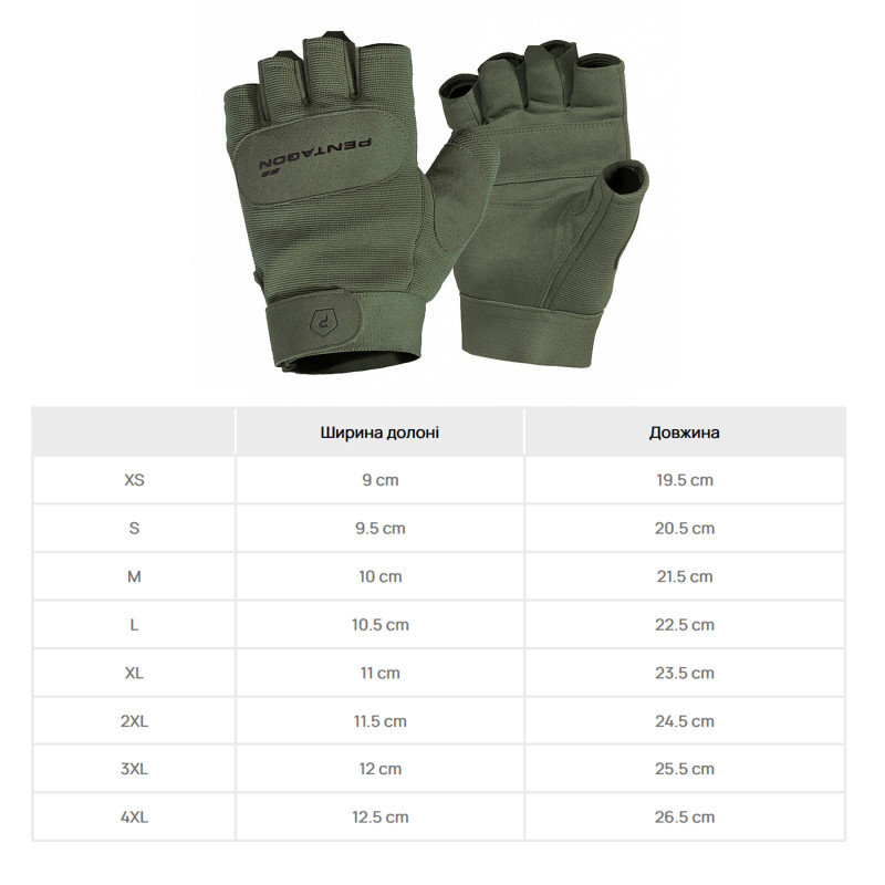 Рукавиці тактичні безпалі Pentagon Duty Mechanic 1/2 Gloves Olive Green, Olive